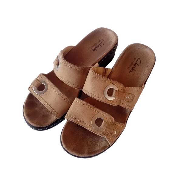 Clarks Bendables Leather Slip On Open Toe Slide Wedge Sandals Size 6M
